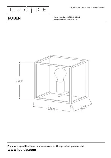 Lucide RUBEN - Wandlamp - 1xE27 - Zwart - technisch